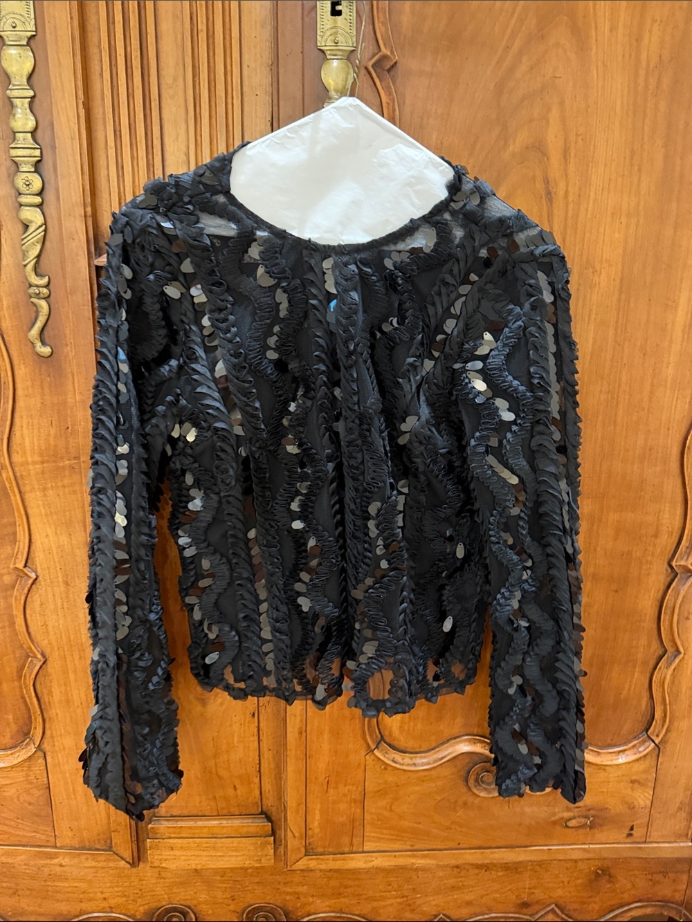 Women's Black Long-Sleeve Sequin & Ruffle Sheer Blouse